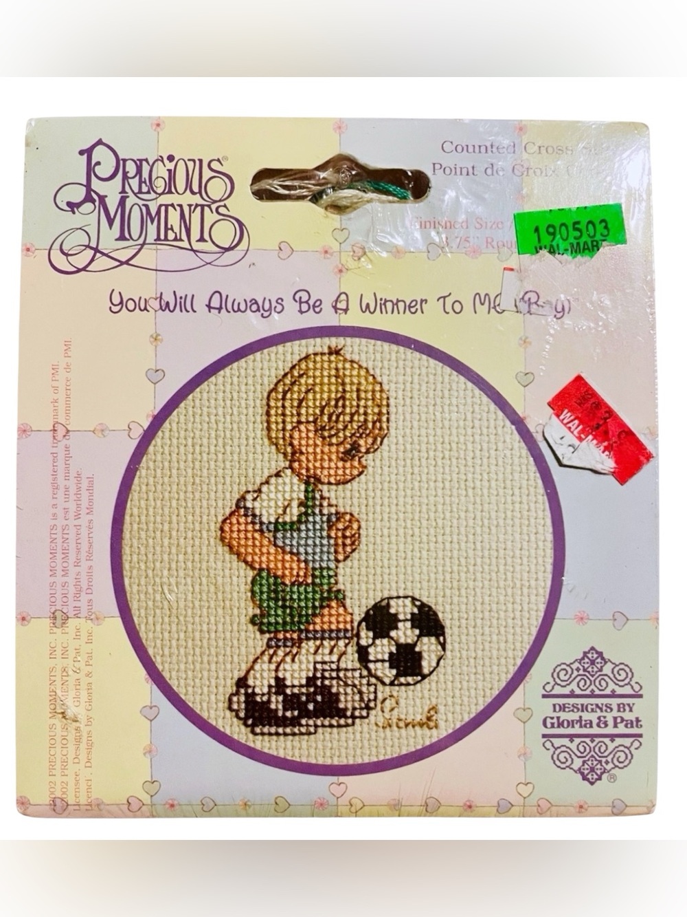 VTG 2002 Mini Cross Stitch Kit UNOPENED Boy Playing Soccer Precious Moments